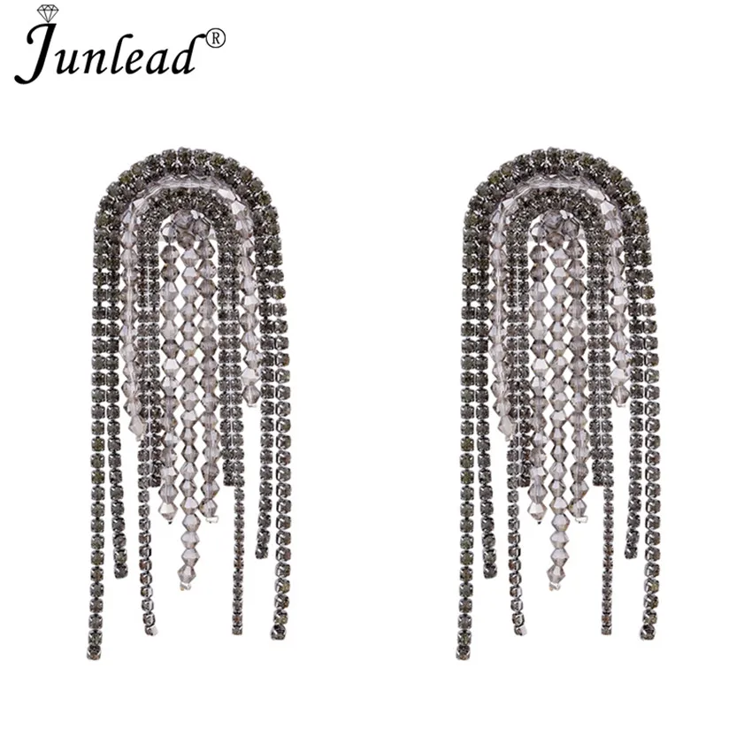 Junlead, новинка, длинные, цветные, с кристаллами, на цепочке, с кисточками, серьги, большие, Роскошные, стразы, массивные, висячие серьги для женщин, свадебные ювелирные изделия - Окраска металла: black