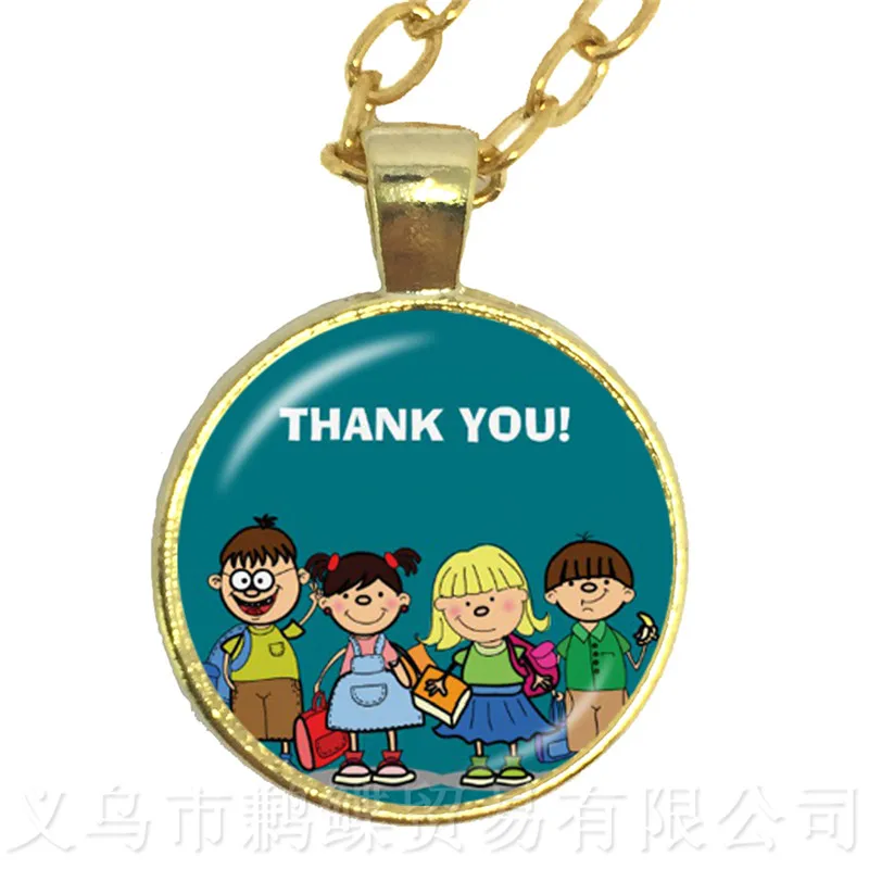 

Classic Thank You Teacher Necklace Red Heart Pattern Glass Pendant Necklace Metal Merci Maitresse Women Kids Sweaterchain