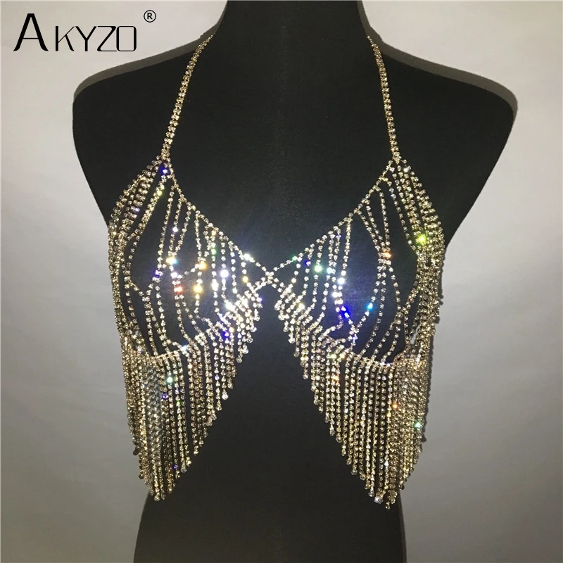 AKYZO Женская Мода 2017 Camis блёстки Стразы металлическая цепочка бюстгальтер с