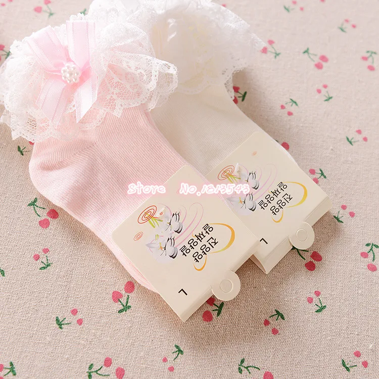 New 2017 children girls ribbon bow double lace socks with lttle pearl cute beautiful princess cotton 5 size S M L XL XXL|socks 5|girl socksgirl |
