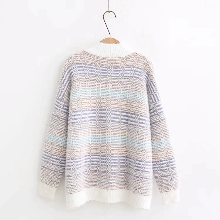Colorful line jacquard Half high collar long sleeve pullover sweater mori girl | Женская одежда