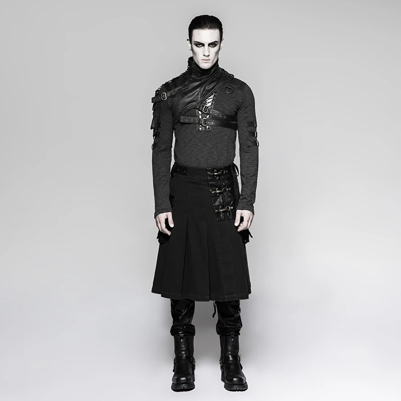 Стимпанк Мужская Асимметричная кнопка заклепка дизайн Черная Юбка До Колена