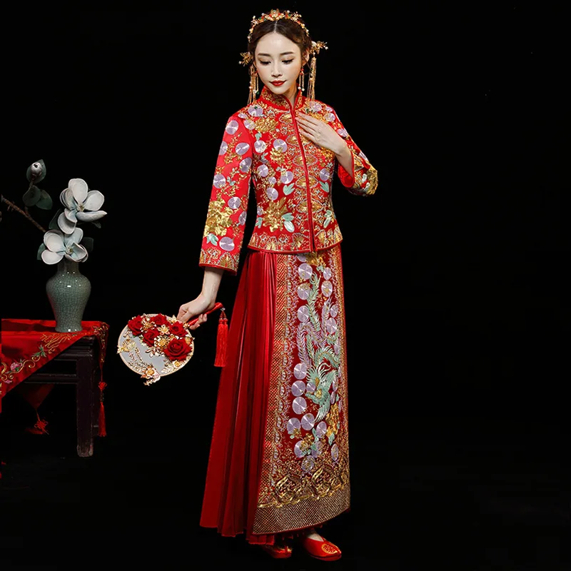 Женское китайское платье Ципао длинное красное с вышивкой в стиле ретро размеры