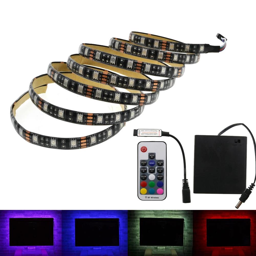5050 RGB батарея Светодиодная лента 5V Черный PCB декоративный свет 4 * AA работает с 17Key RF