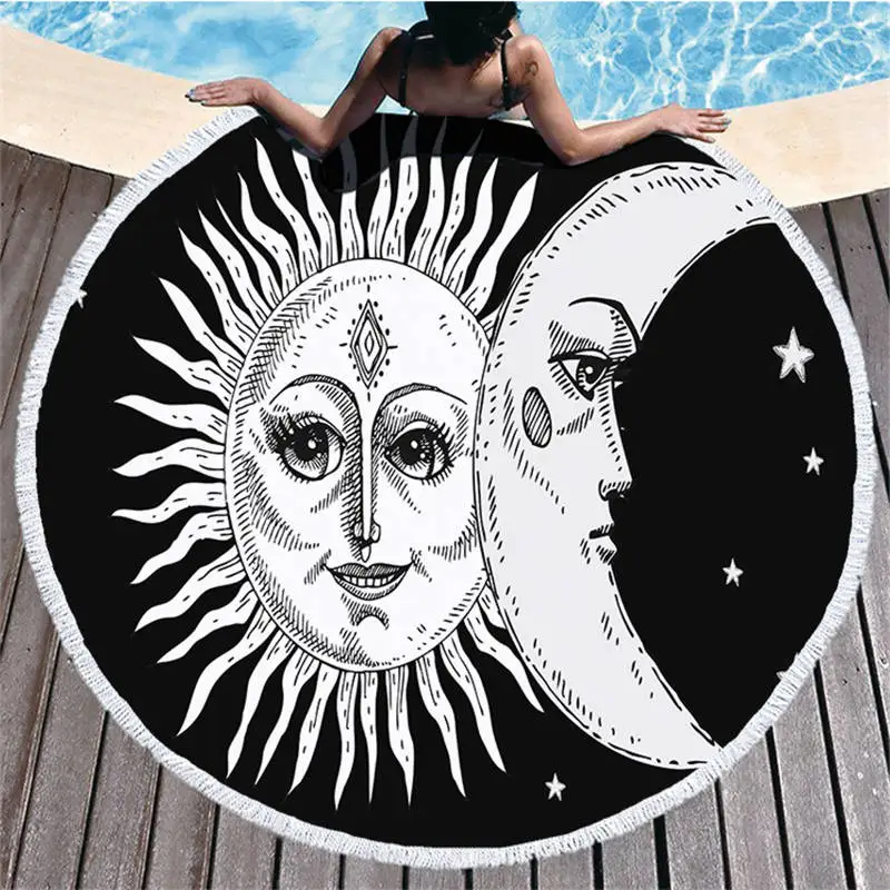 The Sun Moon Printed Bohemia Microfiber Large Round Beach Towel for Adults Hippie Thick India Yoga Mat Tassel Blanket Home Decor | Дом и сад