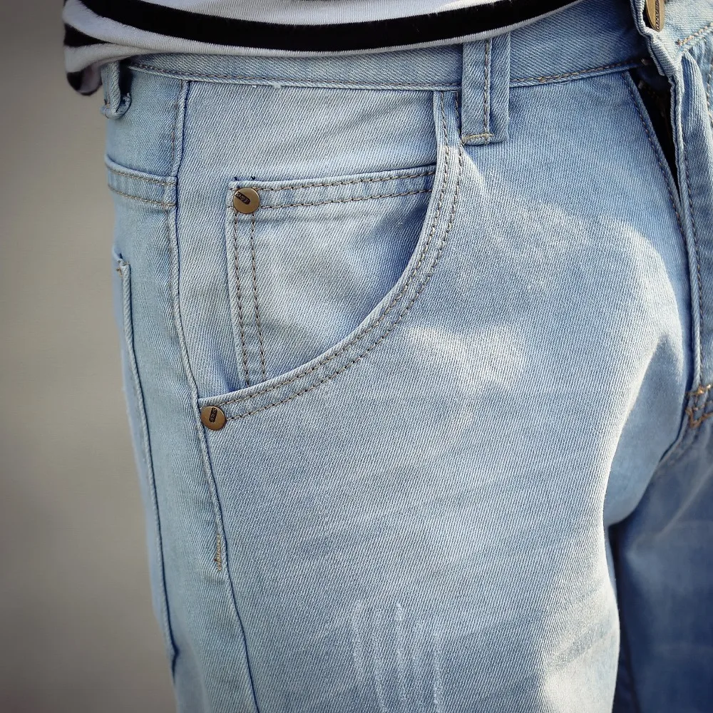 Мужские хлопковые шорты светло синие джинсы до колена с дырками повседневные