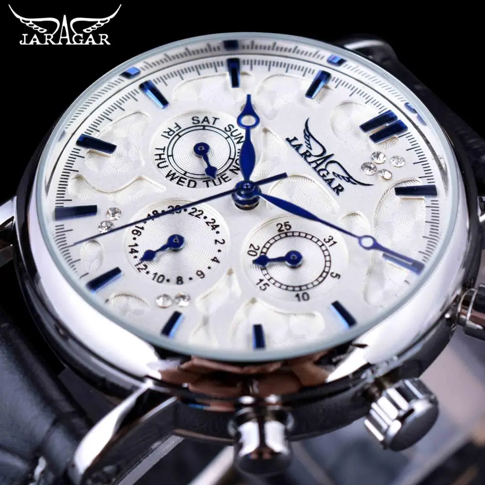 White Blue Jaragar Брендовые мужские автоматические механические часы с автоматическим заводом, белые 3 циферблата, календарь, синие стрелки, простые деловые наручные часы с кожаным ремешком - Цвет: White Blue