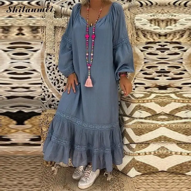 Женское винтажное платье макси свободное пляжное с v-образным вырезом и длинным