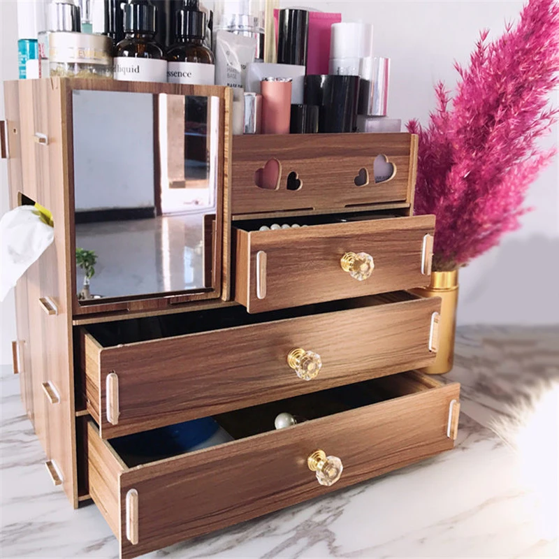 1PCs Large Capacity DIY Wooden Makeup Storage Box With Mirror Jewelry Container Drawer Organizer Cosmetic | Дом и сад