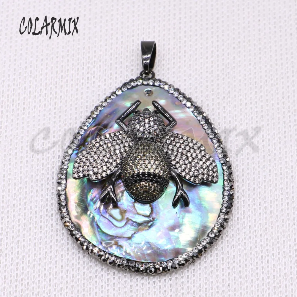 High quality Abalone pendant pave rhinestone with Black zircon inset bee jewelry making for necklace 4064 | Украшения и