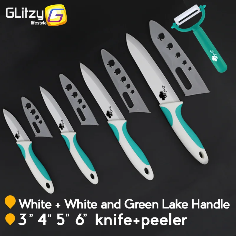 LakeGreenWhiteHandle Керамический нож циркониевый кухонный поварской нож Vege Фруктовый нож белое лезвие " 4" " 6" дюймов+ Овощечистка набор для приготовления пищи мягкая Нескользящая ручка - Цвет: LakeGreenWhiteHandle