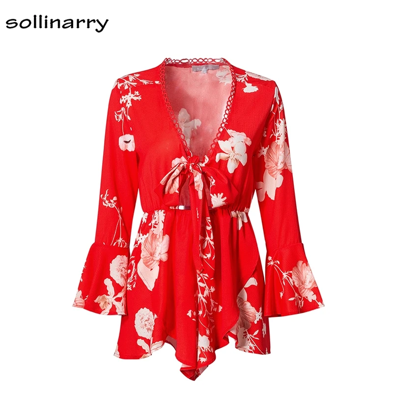Sollinarry Sexy Lace Up Red Floral Print Women Rompers Boho Beach 2018 Summer Long Flare Sleeve Overalls V Neck Playsuits |