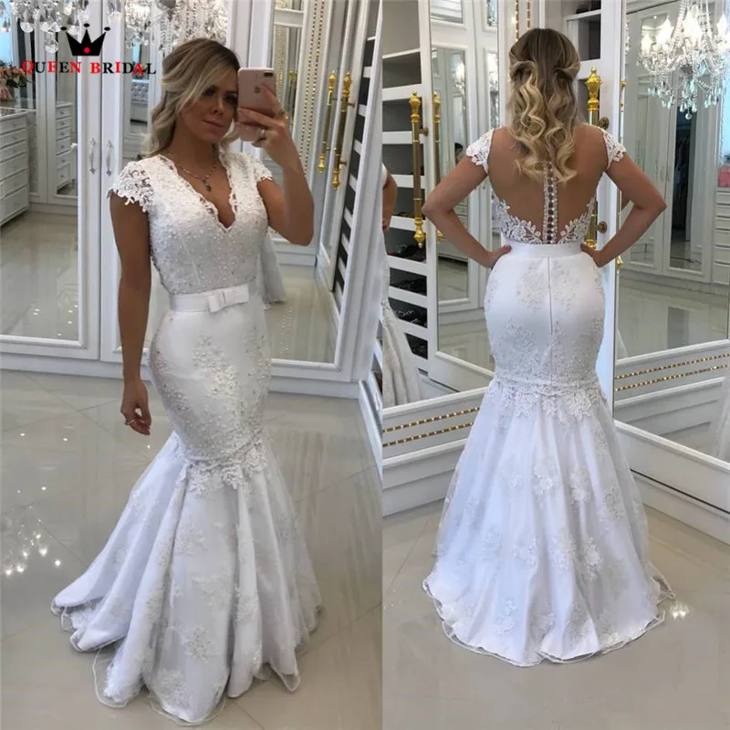 На заказ Русалка v образным вырезом Прозрачный сзади кружева бисером пикантные