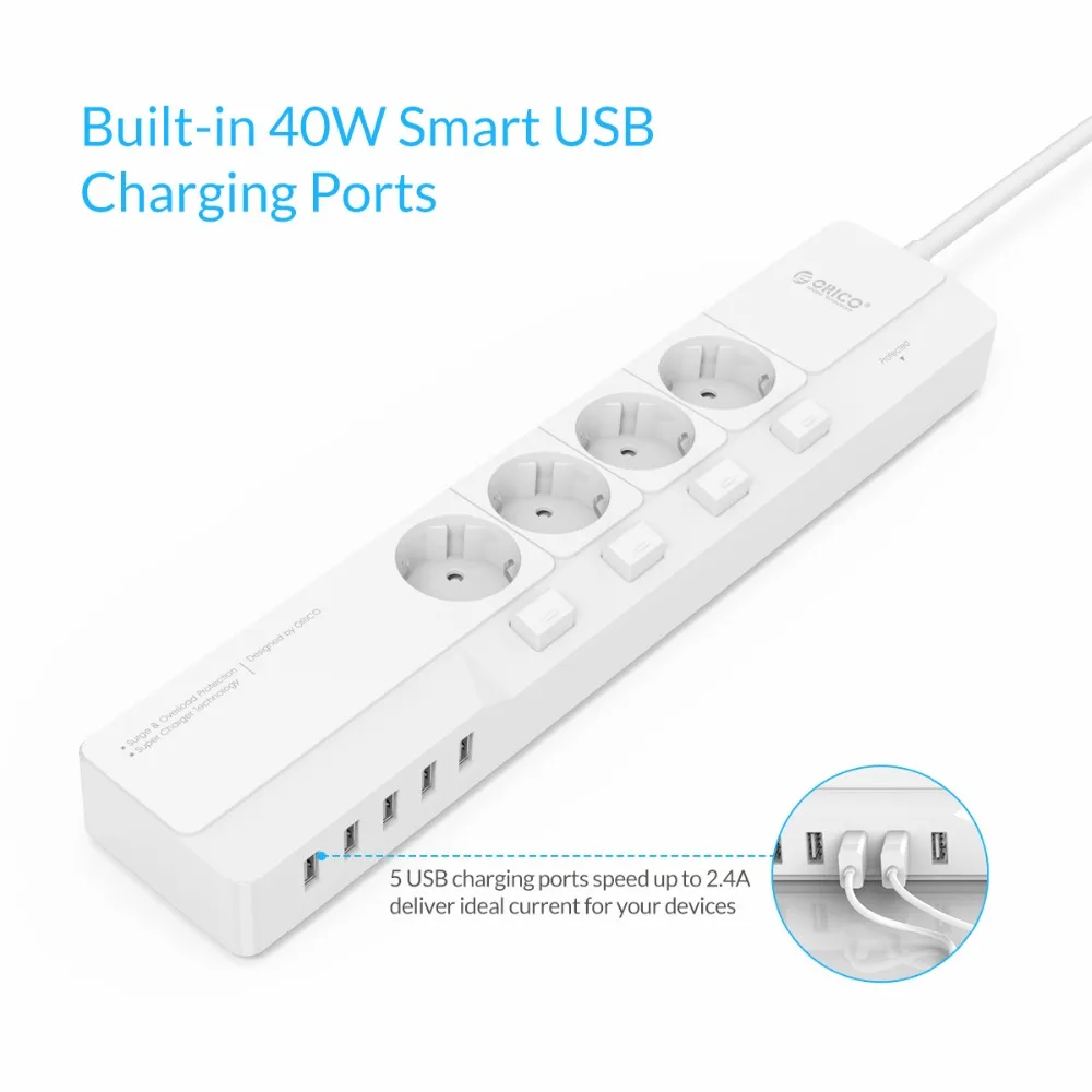 ORICO защита от перенапряжения Силовые полосы с 5 USB зарядным устройством 4 AC