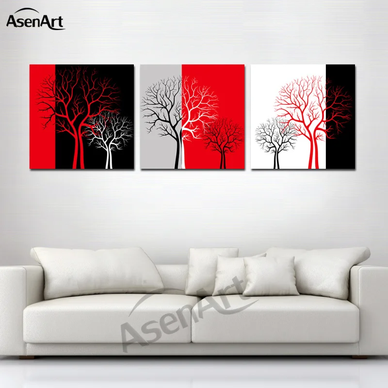 Красный черный белый три цвета дерево современная картина 3 панели