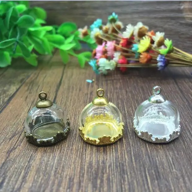 50sets/lot 15mmhalf round glass globe dome bronze silver/gold color crown base beads cap set vial pendant | Украшения и