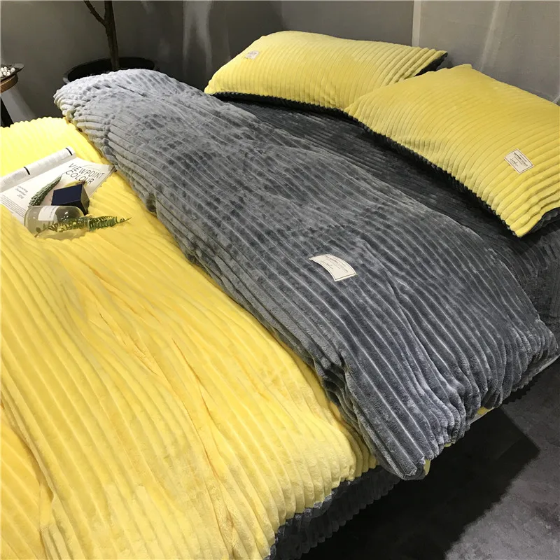 Winter Warm Soft Comfortable Double sided velvet Coral Fleece Mink Cashmere Bedding 4pcs Hot duvet Cover set lotus leaf sides | Дом и сад