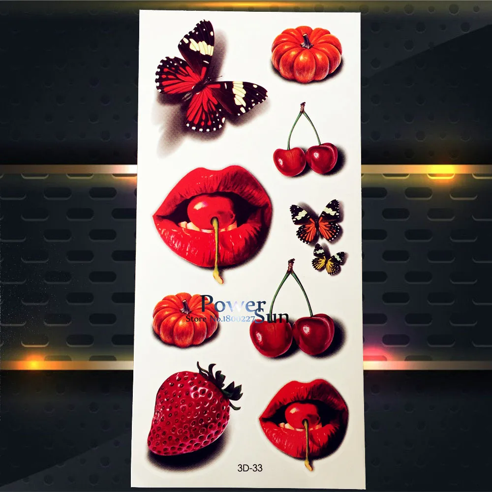 1 шт. Sexy Red Lip stick конструкции поддельные флэш временную татуировку Наклейки p3d-33 Вишневый узор 3D татуировки паста Бумага Для женщин
