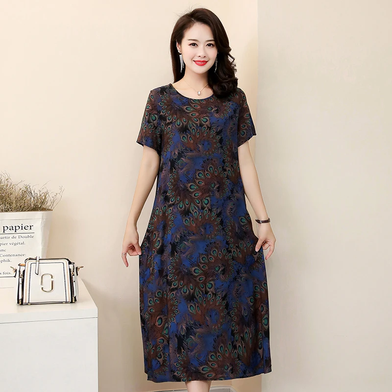 

2019 Summer Middle Aged Women Print Loose Dress O-Neck Short Sleeve Mothers Casual Dresses fashion Plus Size XL-5XL long dress