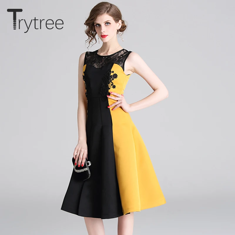 Trytree летнее уличное платье кружевное без рукавов ТРАПЕЦИЕВИДНОЕ женское желтое