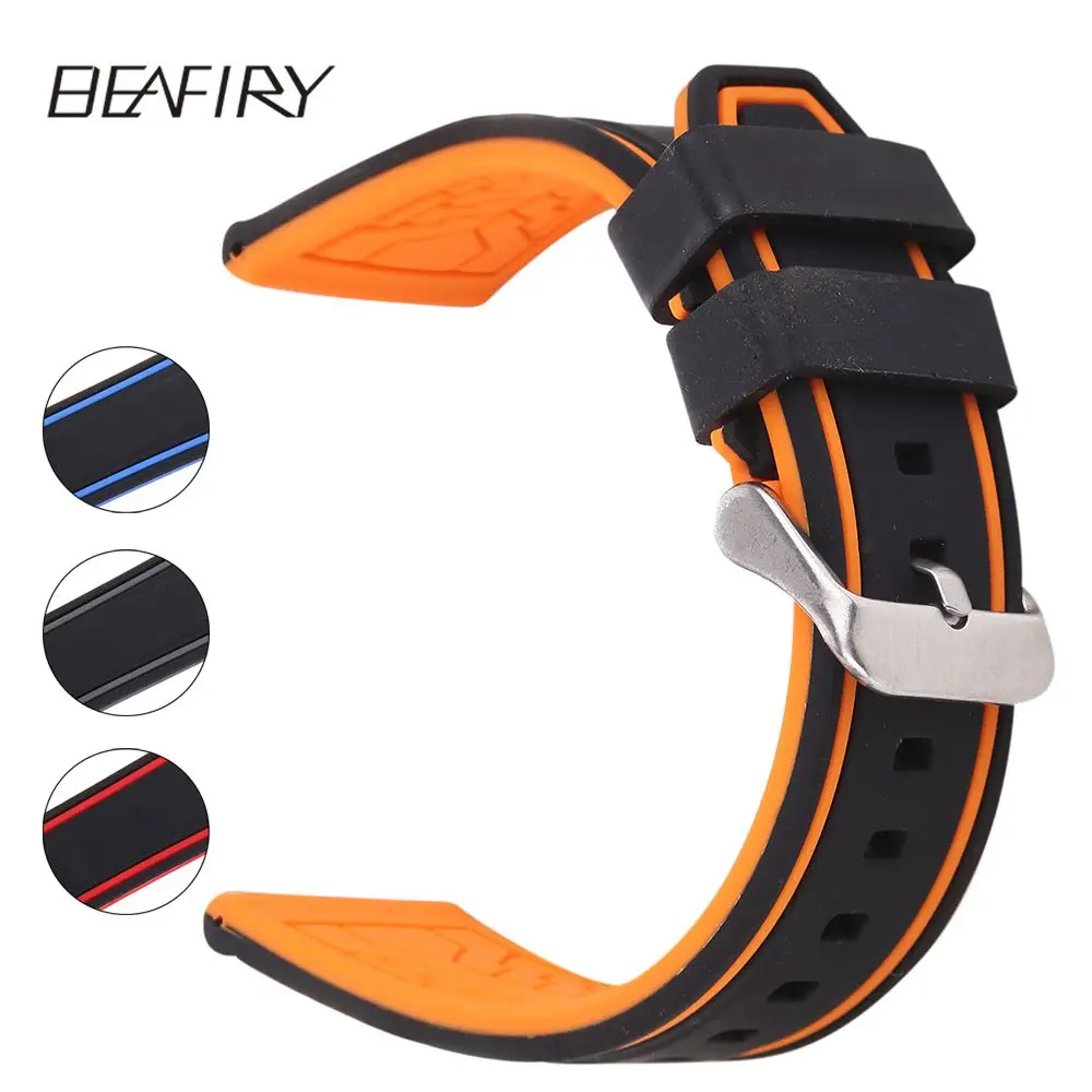 BEAFIRY мягкий силиконовый резиновый ремешок для часов Strap20 22 24 26 мм водонепроницаемый ремешок для часов черный серый черный оранжевый черный синий черный красный