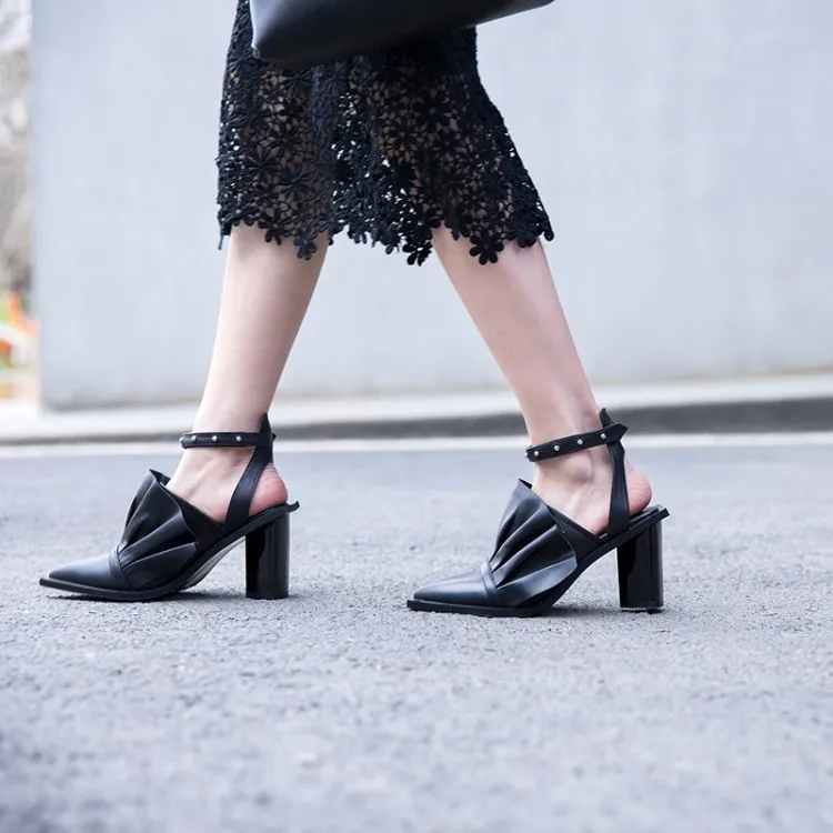 Summer genuine leather dress Sandals women square high Heels ruffles flowers bowties rivets pumps party shoes sapato feminino