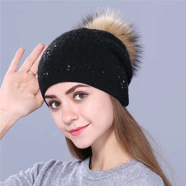 Xthree, зимняя вязаная шапка для женщин, шерстяная шапка, шапочки, 15 см, натуральный мех норки, помпоны, блестящая шапка Skullies, шапка для девочек - Цвет: mink black