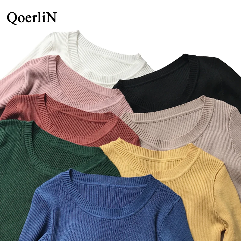 QoerliN карамельных цветов Круглый вырез длинный рукав эластичный свитер для
