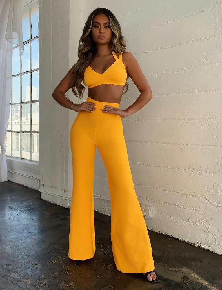 Женский трикотажный бандажный комбинезон оранжево красный из двух предметов