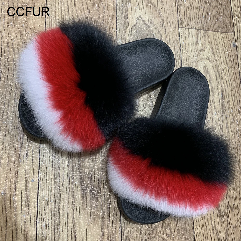 CCFUR New Colors Summer Slides Women's Real Fox Fur Slippers Fluffy Fur Sliders Mixed Color Fashion Lady S6048