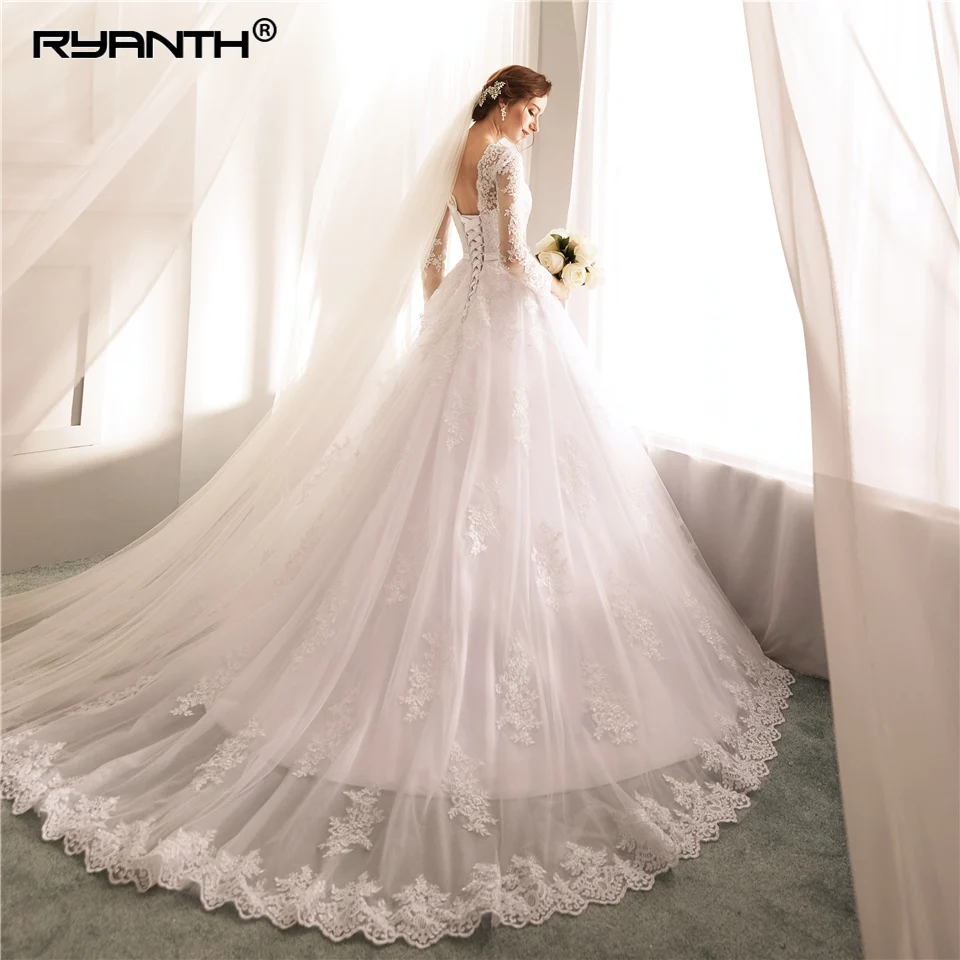 Cheap Vestido De Noiva 2019 Custom Made Lace Up Back Ball Gown Wedding Dress Long Sleeves Princess Robe de mariage | Свадьбы и