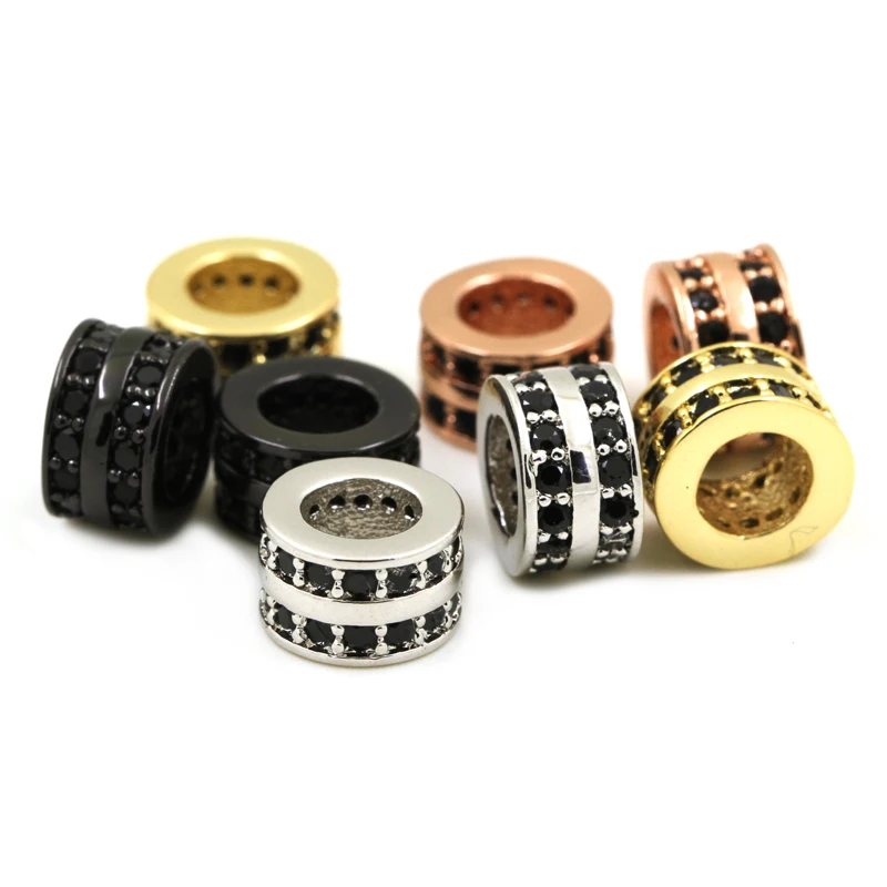 

3pcs/Lot Round Tube Spacer Beads Tow Rows Micro Pave Balck CZ Big Hole Slider Accessories For Necklace Bracelet Jewelry Making