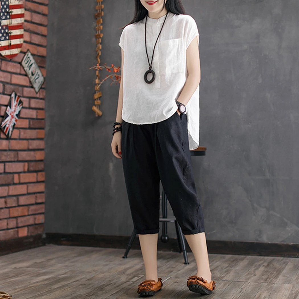 2019 Summer Women Casual Blouse Work OL Blusas Solid Cotton Linen Shirt Short Sleeve Loose Tops Camisas Mujer Plus Size |