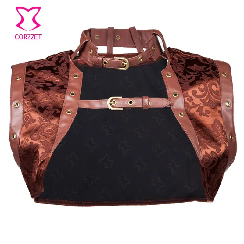 Пикантная коричневая парча без рукавов с кожаным воротником куртка в стиле