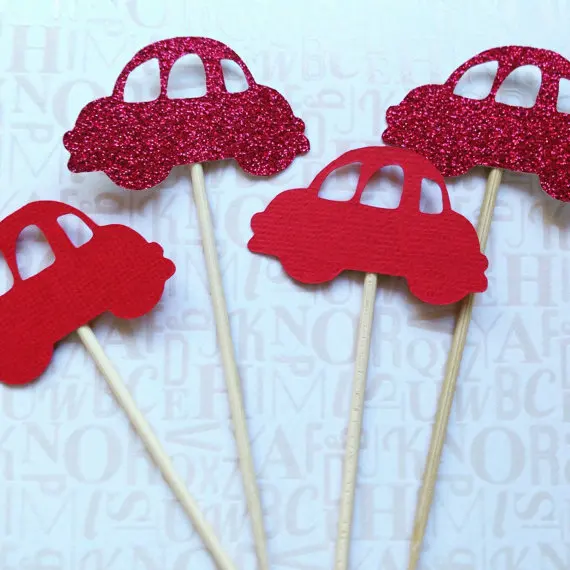 

red glitter textured car cupcake toppers party boy baby bridal shower birthday ocearn wedding cake topper decor