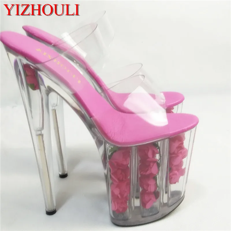 Sexy romantic rose crystal sandals, stage performance star photo album 20cm ultra high transparent Slippers