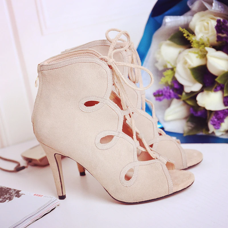 Women's Genuine Suede Leather Cut-out Lace-up Summer Open Toe Ankle Boots Brand Designer Sexy Ladies Short Booties Shoes Women | Обувь