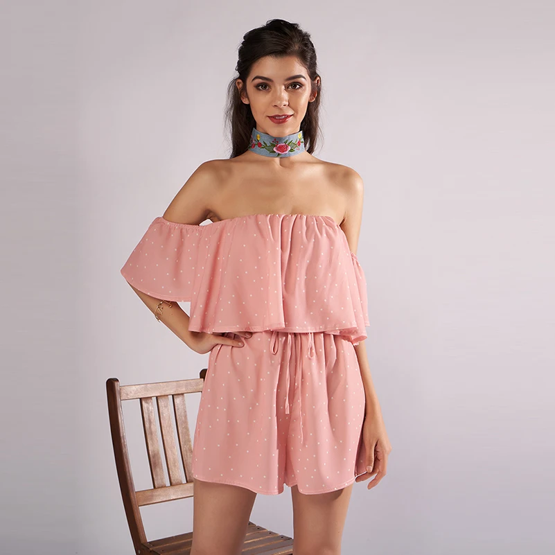 2018 Модный женский шифоновый розовый комбинезон Dot Print Loose Slash Neck с поясом коротким