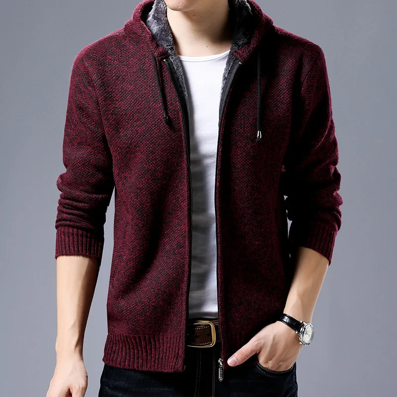 Classic Solid Men Jacket Thicken Fleece Knitting Cardigan Hooded Jackets Male Coats Autumn Winter Men's Clothing M-XXXL | Мужская