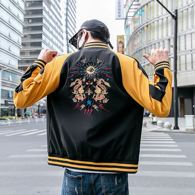 Мужская уличная куртка в китайском стиле с вышивкой дракона мужская