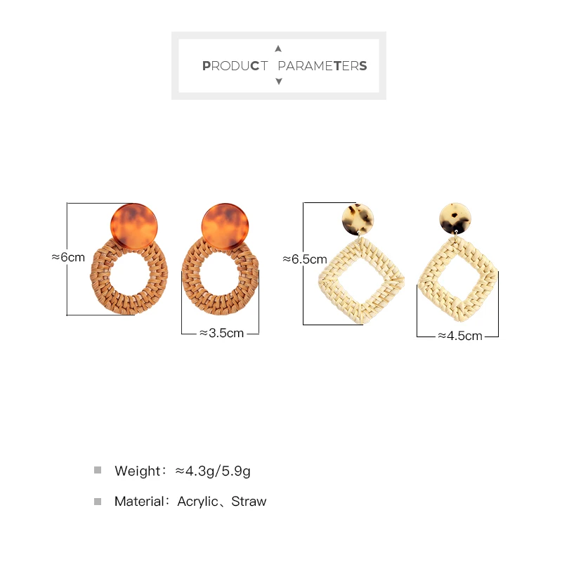 Trendy Bohemia Handmade Straw Woven Earrings Geometric Round Square Shape Stud For Women Fashion Jewelry | Украшения и аксессуары
