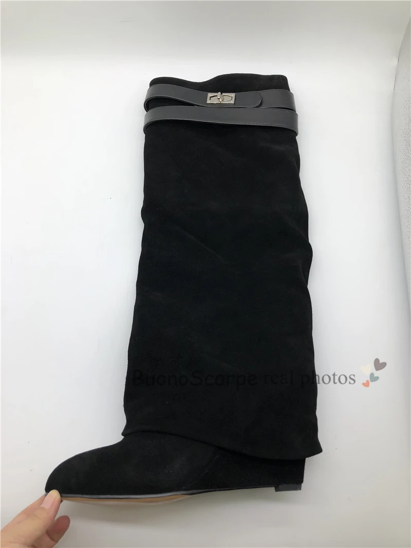 Buono Scarpe/женские ботинки черного цвета с замочком акулы; ботинки из натуральной кожи с высоким голенищем; брендовые дизайнерские ботинки на танкетке и высоком каблуке; Botas Mujer; шикарные ботинки; коллекция года