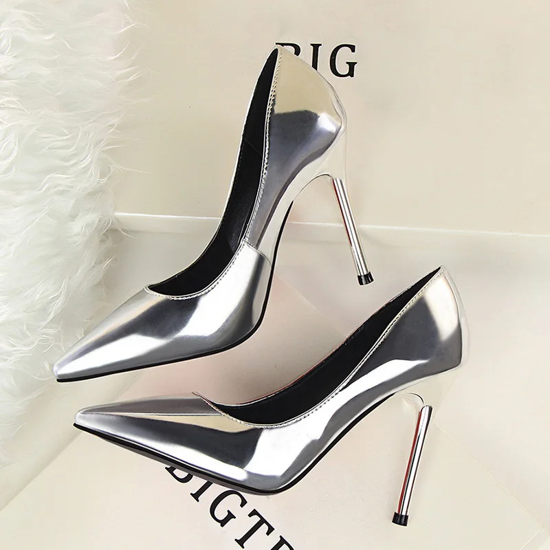 Heel Height 10cm Женские туфли-лодочки на высоком каблуке 10 см из кожи ярко-зеленого цвета женские туфли-лодочки Scarpin деловой пикантный женский блестящие туфли на День святого Валентина - Цвет: Heel Height 10cm