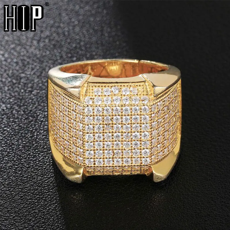Хип хоп Iced Out Bling кубический циркон золотой цвет медное кольцо микро проложенный