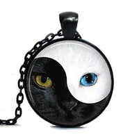vintage ying yang cat eye glass pendant cat necklace personality art picture necklace women men jewelry