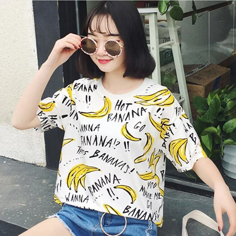 Летняя Шикарная новая футболка с принтом банана для женщин Свободный Топ