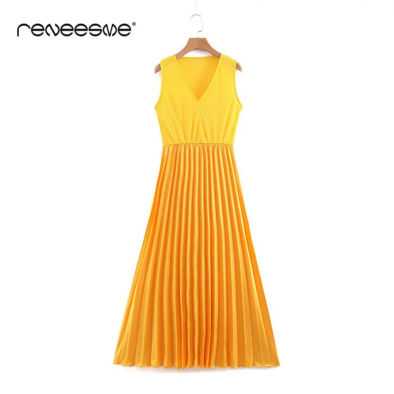 Fahion длинное женское платье желтый топ вязание v образный вырез без рукавов