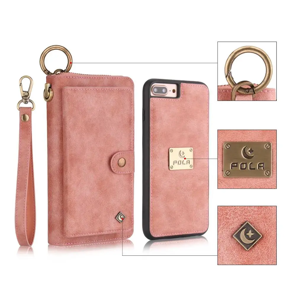 pink Для iPhone 7 Чехол-Кошелек премиум-класса из искусственной кожи карман на молнии съемный защитный чехол для iPhone 8 7 Plus 6 6 S XS максимальный чехол Funda - Цвет: pink