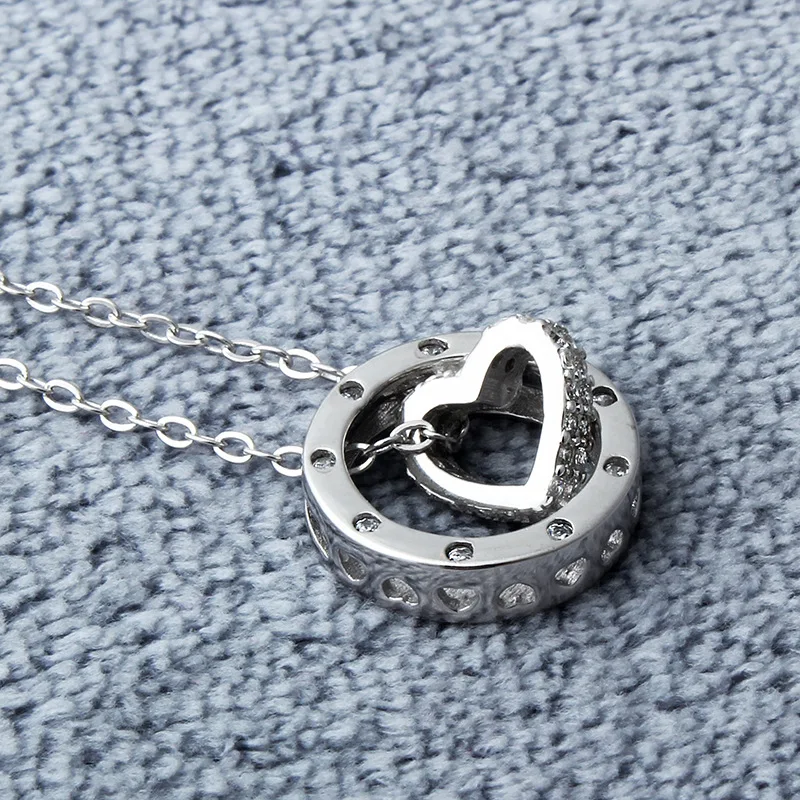 Два слоя круглый кулон содержит любящее сердце Серебро 925 Циркон ожерелье Fine Jewelry
