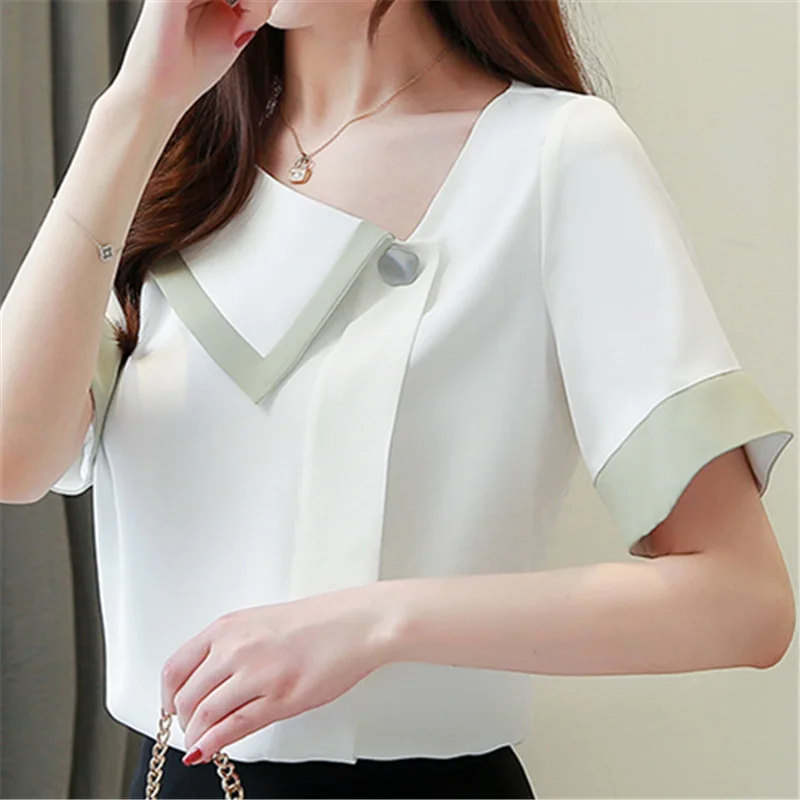 

2019 New Fashion Summer Blouse Women Tops Shirts Chiffon Short Sleeves V Neck Solid Color Clothing Casual Office Ladies Blusas